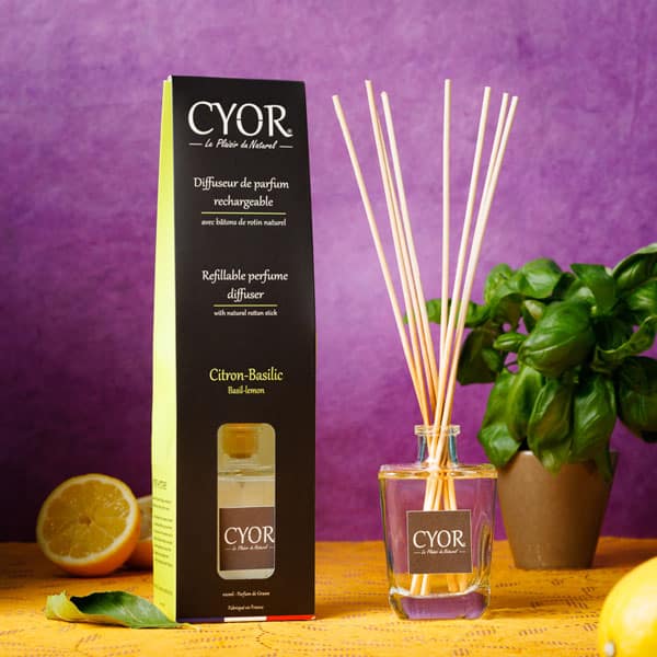 Diffuseur de parfum citron-basilic avec bâton de rotin